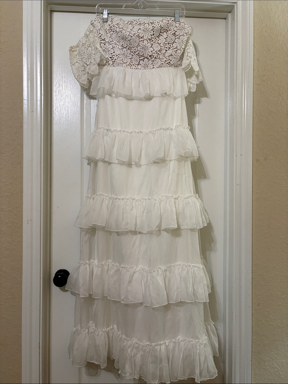 Minuet Petite White and Cream Lace Flowy Off-Shoulder Ruffled Wedding Dress